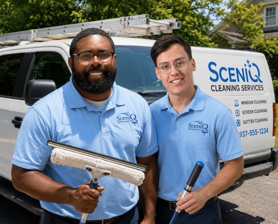 Sceniq Cleaning Services team, Quinton and Vaughn, standing by their branded service truck